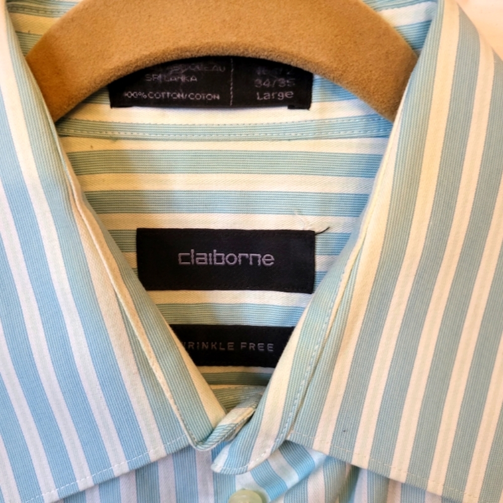 Claiborne Mens Button Down, Aqua Green Stripped Size L 34-35